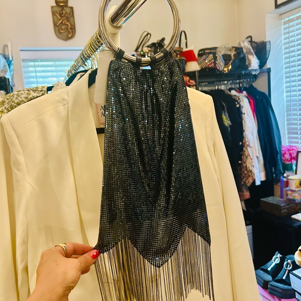 Whiting and Davis dark blue mesh fringe evening bag